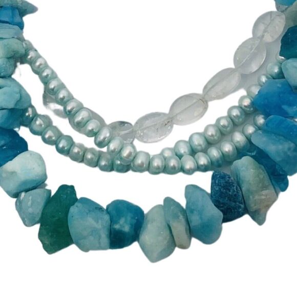 Blue Pearl Layered Necklace 16.5" 925 Sterling Silver Gemstone Trendy - Picture 6 of 11